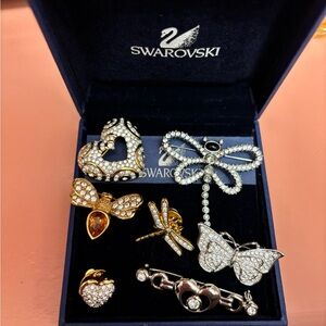 Swarovski Gold and Silver Crystal Brooch Lot with Amber Accent - set of 7